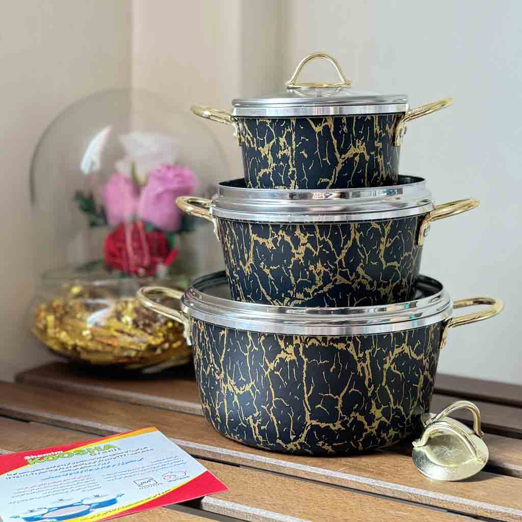 سرویس سه قابلمه کوشا ماربل رنگ مشکی طلایی